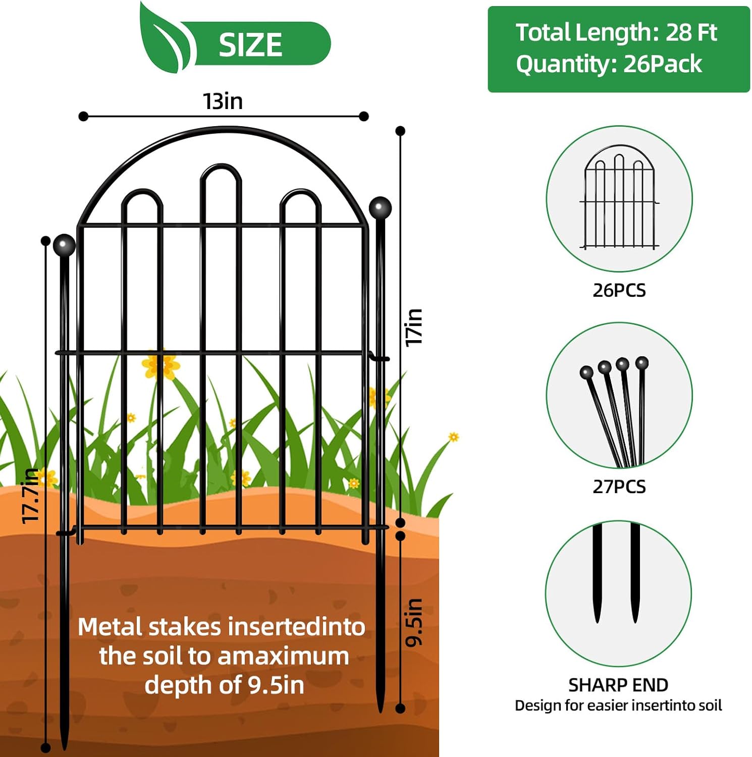 26 Pack Decorative Garden Fence, 26in x28ft Arched No Dig Animal Barrier Fence for Dog Rabbit, Rustproof Metal Ground Stake Border