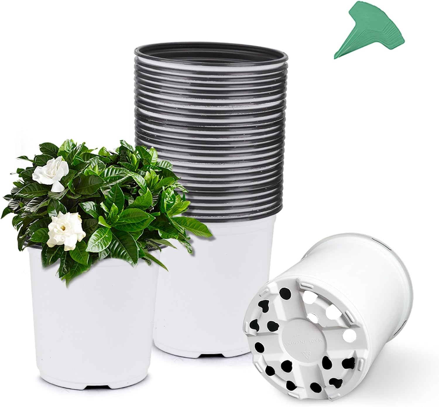 24 Set 6" 1 Gallon for Plants Flexible Nursery Pot with Drainage Hole and 15 Pcs Plant Labels, Flower Plant Container for Indoor Outdoor, Seedlings, Vegetables, Succulents, White
