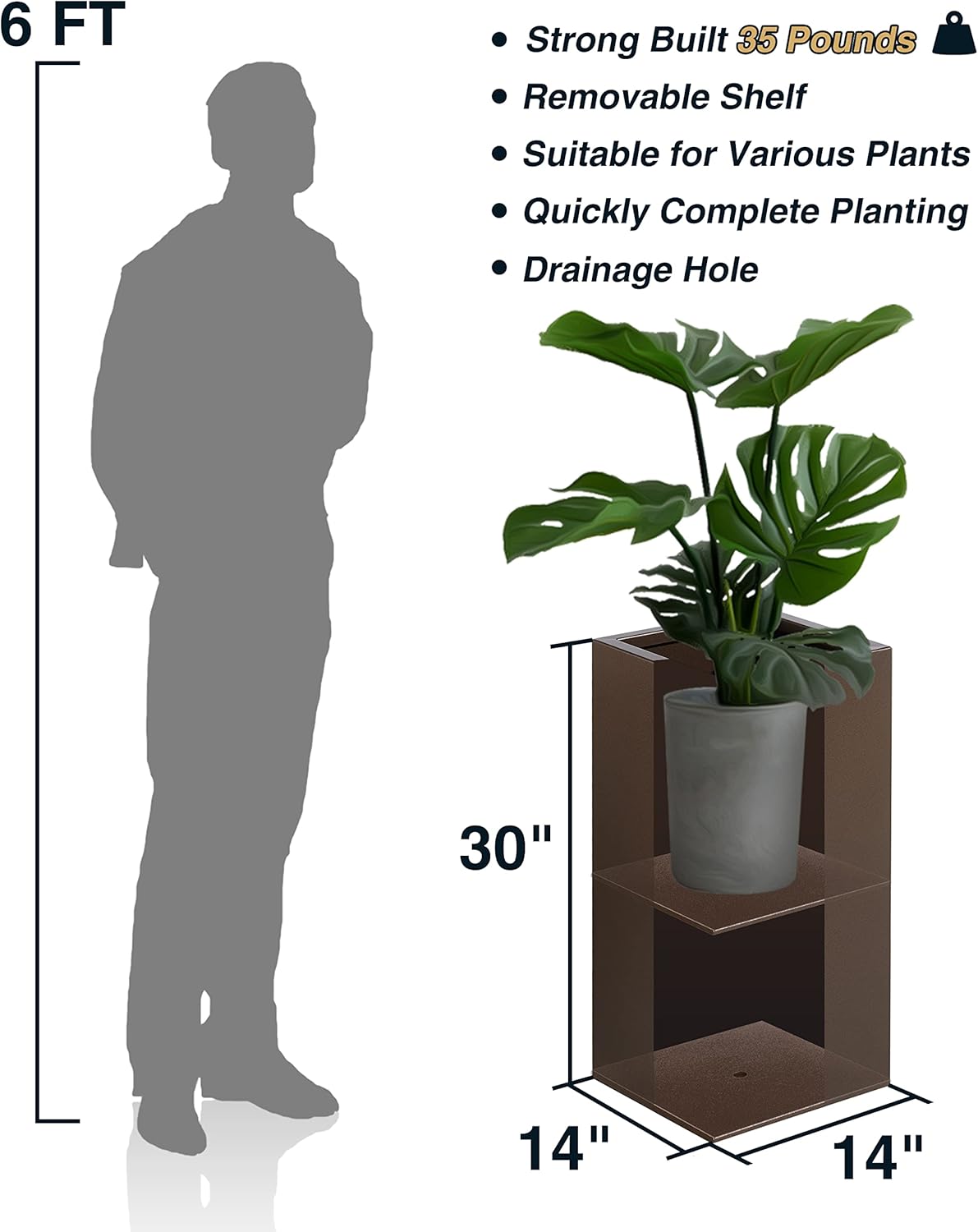 Metallic Heavy Tall Outdoor/Indoor Planter Box 14Lx14Wx30H Inches, Rectangular Tall Planter, Large Flowerpot, ‎35 Pounds, Espresso, No Assembly Required 1 Pack