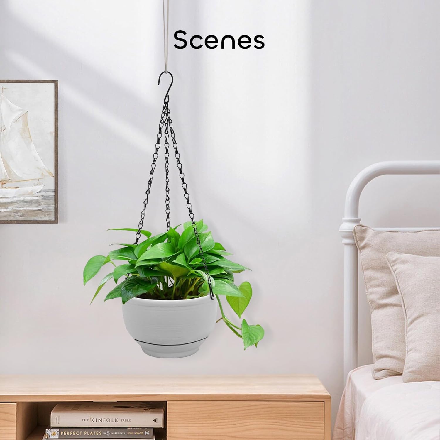 Plastic Hanging Planter 2 Packs 8 Inch Self Watering Pots Plants Hanger Baskets with 6 Pcs Hooks, Hanging Flower Pot with Detachable Base for Garden Indoor Outdoor (Grey)