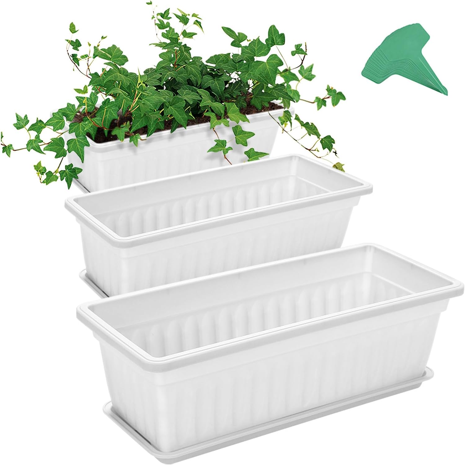 3 Packs 17 Inches White Flower Window Box Plastic Vegetable Planters Long Pots with 15 Pcs Plant Labels for Outdoor Indoor Windowsill, Patio, Garden, Home Decor, Porch