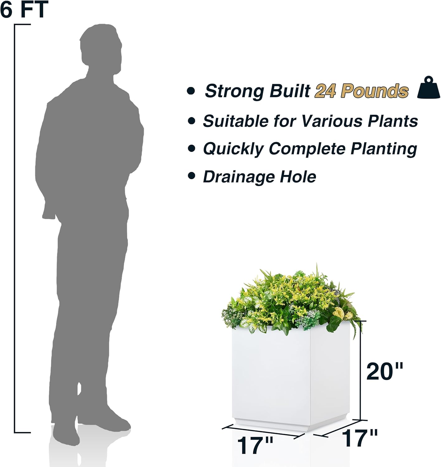 Metallic Heavy Cube Planter Box, No Assembly Required, Seamless Large Outdoor Planter, Square Planter for Trees, Tall Plants and Flowers 17”Lx17”Wx20”H 24lbs White