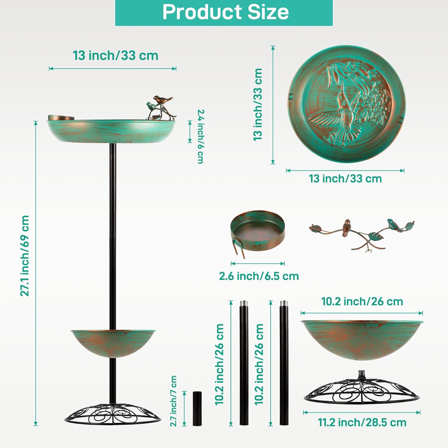 Metal Bird Baths for Outdoors, Pedestal Green Bird Bath with Flower Planter, BirdBaths for Outdoors Garden Yard Patio Decor