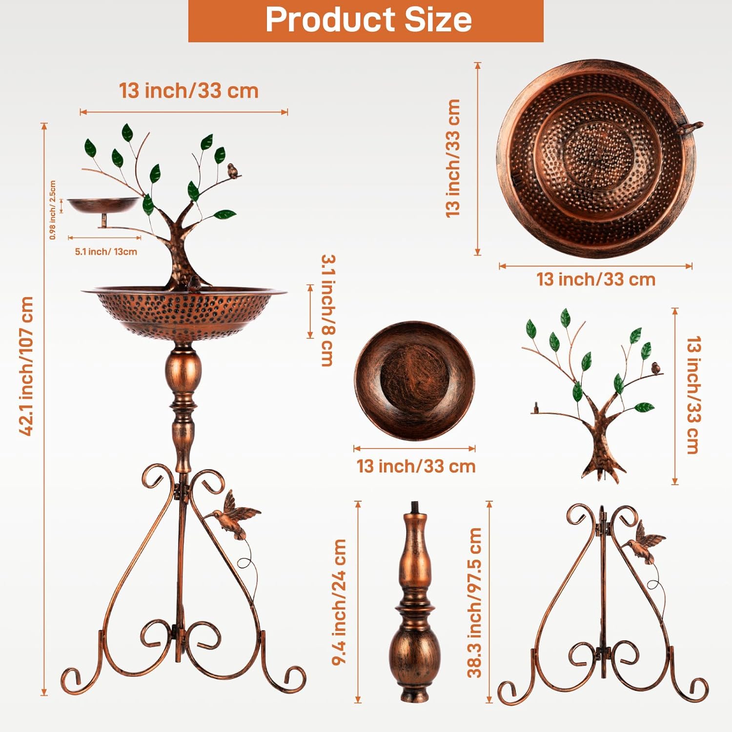 Metal Pedestal Bird Baths Outdoors, Garden Birdbath and Feeder with Tree Decorative, Modern Bird Bath for Outside Yard Art