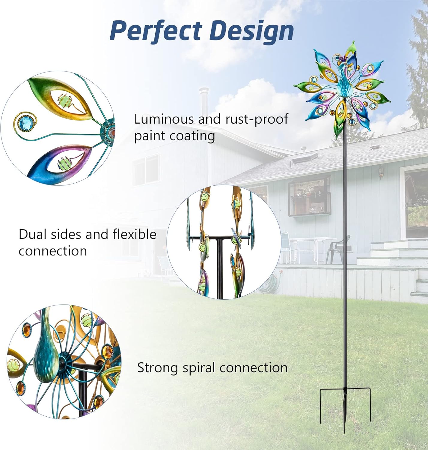 Outdoor Peacock Wind Spinners with Gem Decor, 13" D*65" H Double Sided Kinetic Wind Sculptures & Spinners, Metal Wind Spinners for Yard and Garden