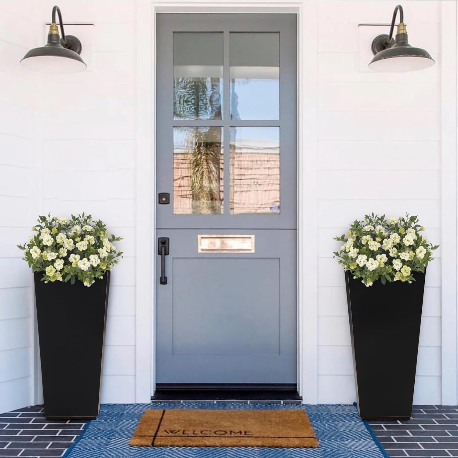 Metallic Taper Planter, 26 Inch Planter Tall Tapered Planter for Front Porch, Patio, Deck, Garden Indoor/Outdoor Tree Planters, Set of 2 Black with Copper Hand Brushed Rim