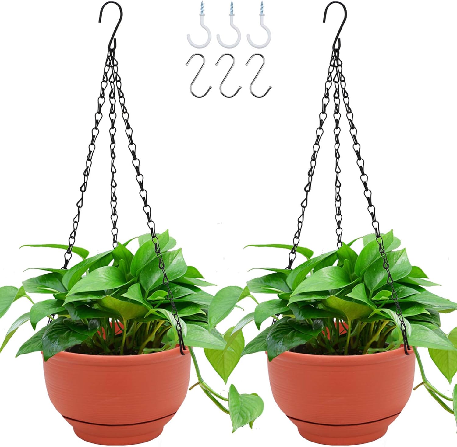 2 Packs 8 Inch Plastic Hanging Planter Self Watering Basket with 6 Pcs Hooks, Indoor Outdoor Hanging Plants Flower Pot Detachable Base for Garden Home Decoration (Terracotta Color)