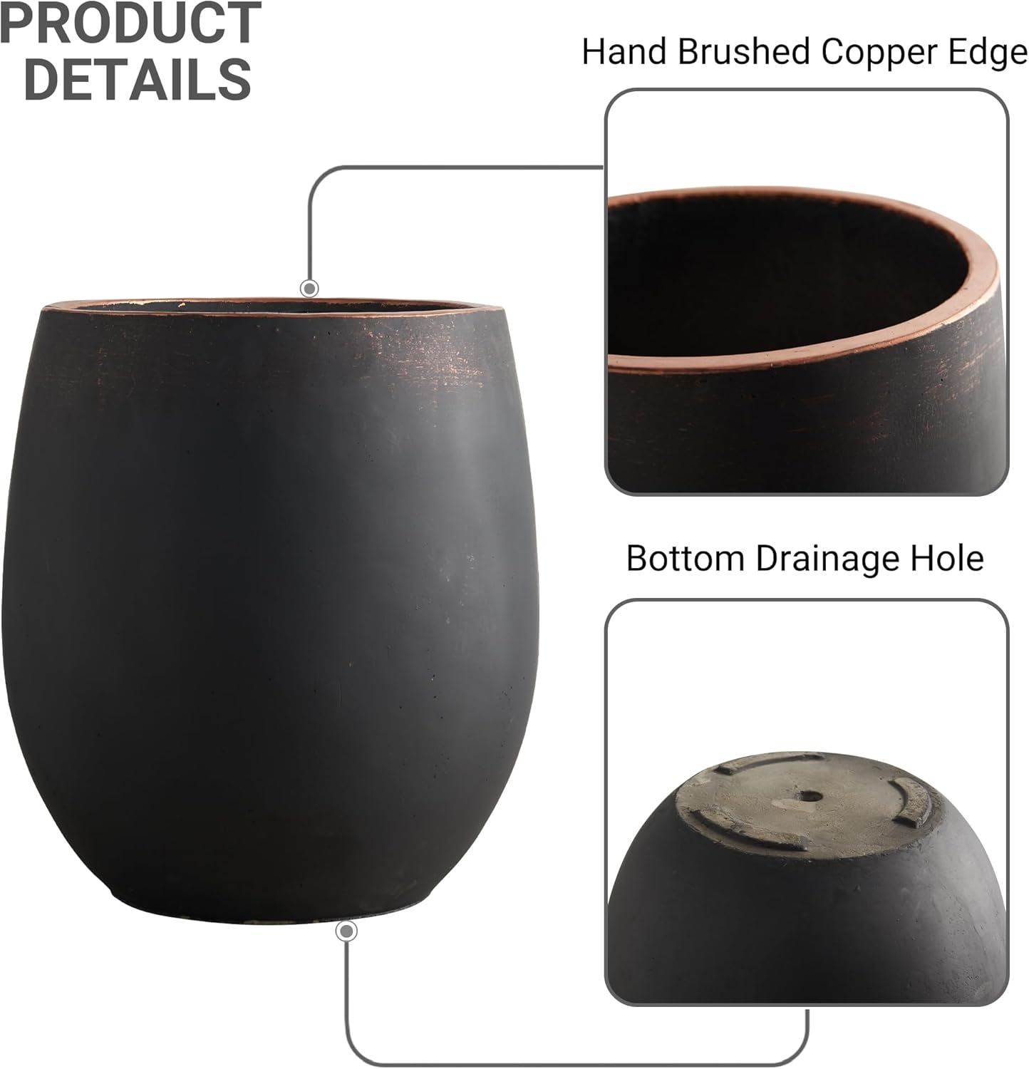 17.7"+13.3"+9.5" Dia Round Concrete Planter Set of 3, Large Outdoor Planter, Black with Gold Rim, Flower Pots with Drainage Holes