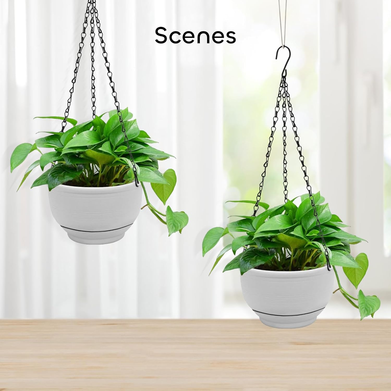 Plastic Hanging Planter 2 Packs 8 Inch Self Watering Pots Plants Hanger Baskets with 6 Pcs Hooks, Hanging Flower Pot with Detachable Base for Garden Indoor Outdoor (Grey)