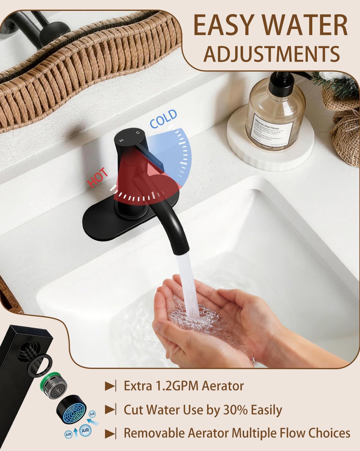 Black Bathroom Faucet Single Hole with Pop-Up Bathroom Drain