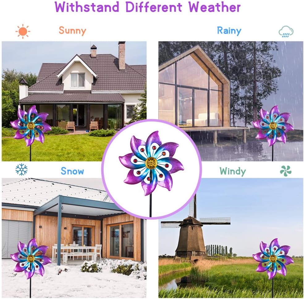 Wind Spinners Outdoor, 9.6" Dia*40" H Metal Garden Pinwheels, Kinetic Wind Spinners for Yard and Garden Lawn Art Decor (Purple)