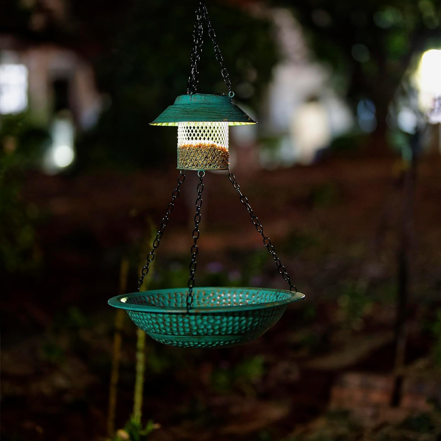Hanging Bird Bath with Solar Lights, 13" Metal Bird Baths Outdoor, Garden Birdbath and Feeder for Outside Yard Patio Decor (Green)