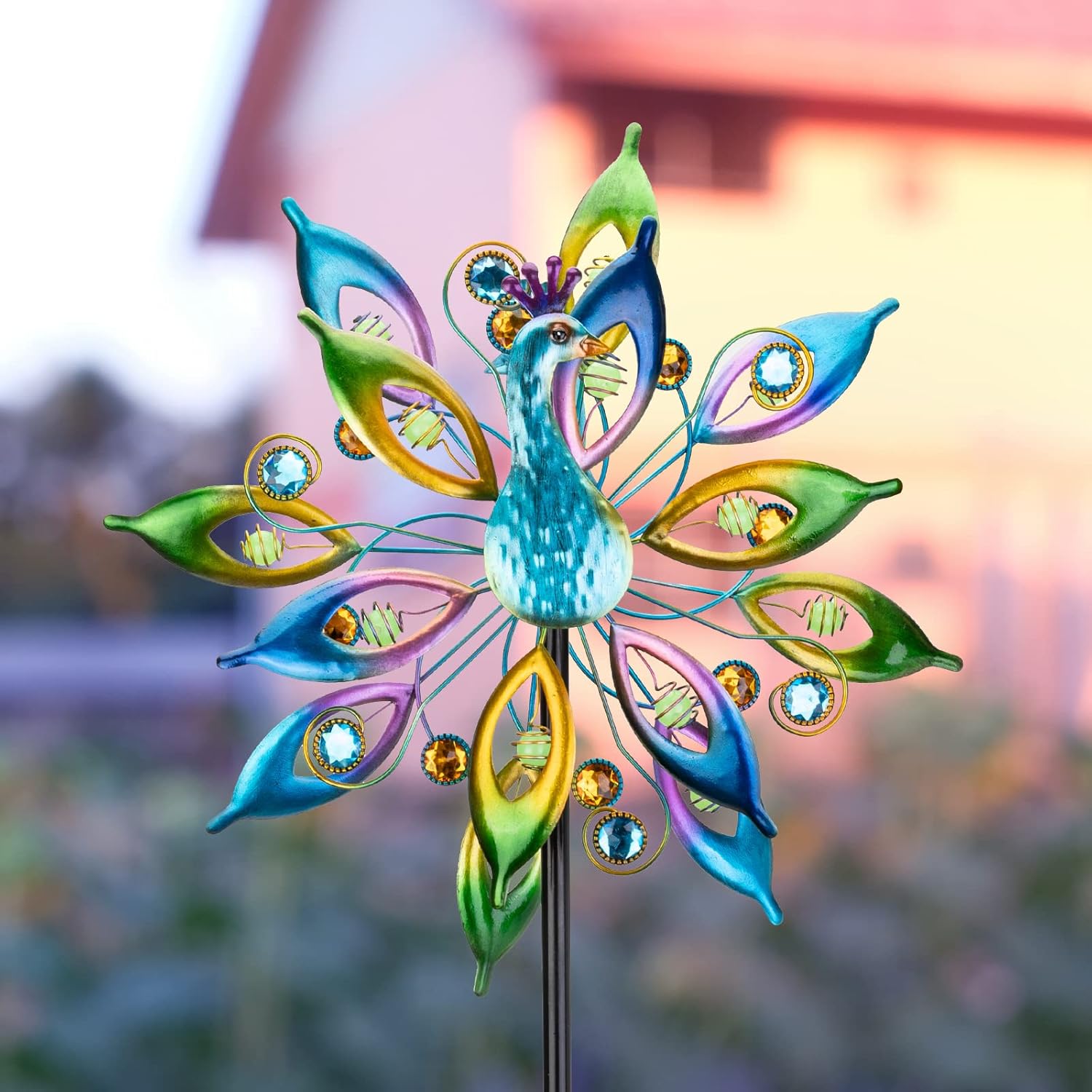 Outdoor Peacock Wind Spinners with Gem Decor, 13" D*65" H Double Sided Kinetic Wind Sculptures & Spinners, Metal Wind Spinners for Yard and Garden
