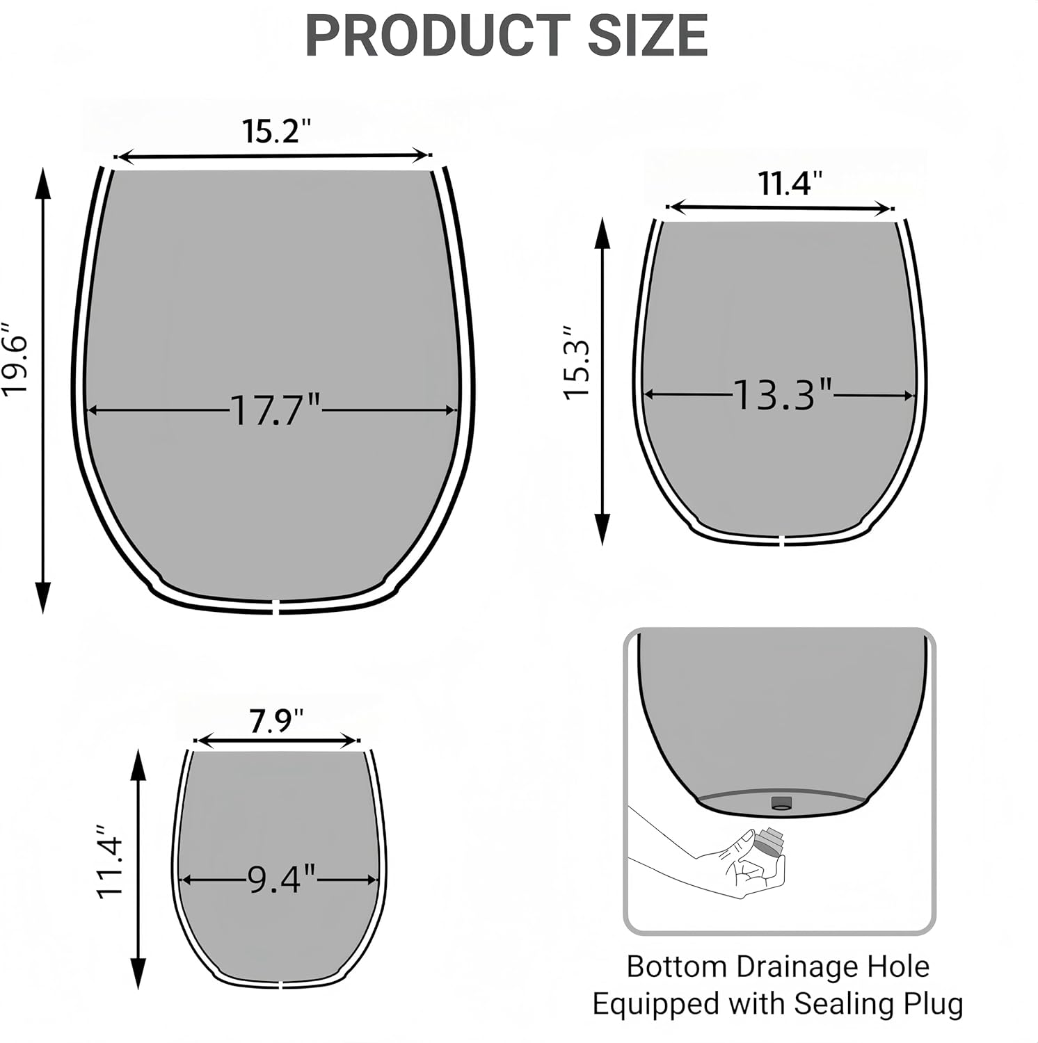17.7"+13.3"+9.5" Dia Round Concrete Planter Set of 3, Large Outdoor Planter, Black with Gold Rim, Flower Pots with Drainage Holes