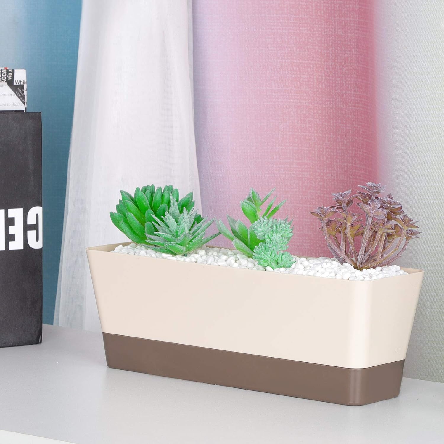 3 Packs 12 Inches Window Boxes Rectangle Planter Long Pots with 15 Pcs Plant Labels Plastic Flower Plant with Saucer for Windowsill Garden Balcony Home Indoor Outdoor (Beige)