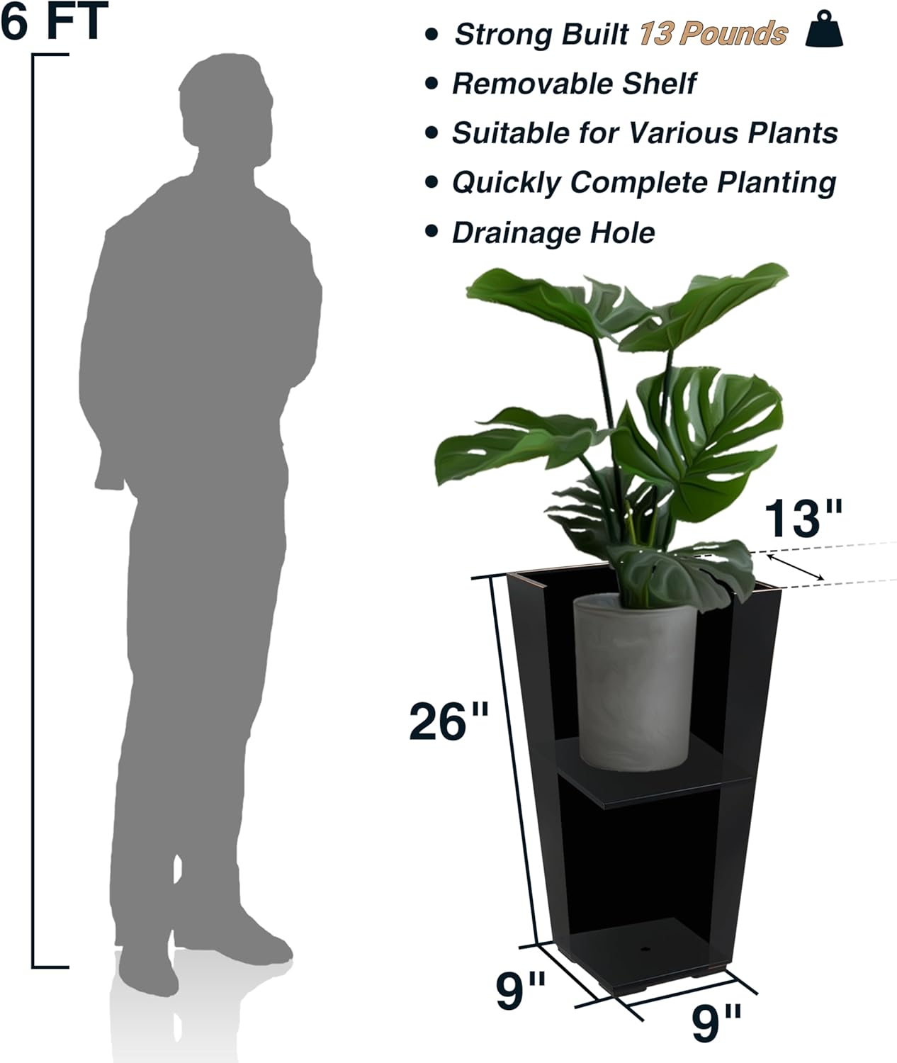 Metallic Taper Planter, 26 Inch Planter Tall Tapered Planter for Front Porch, Patio, Deck, Garden Indoor/Outdoor Tree Planters, Set of 2 Black with Copper Hand Brushed Rim