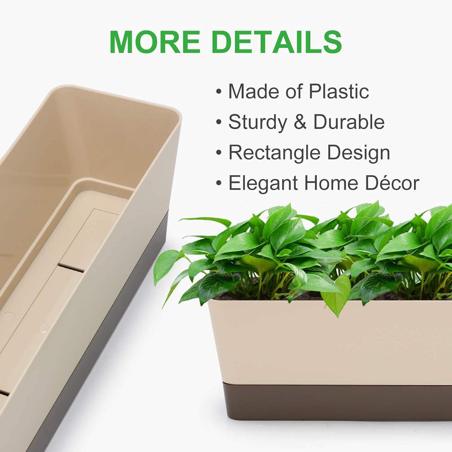 3 Packs 12 Inches Window Boxes Rectangle Planter Long Pots with 15 Pcs Plant Labels Plastic Flower Plant with Saucer for Windowsill Garden Balcony Home Indoor Outdoor (Beige)