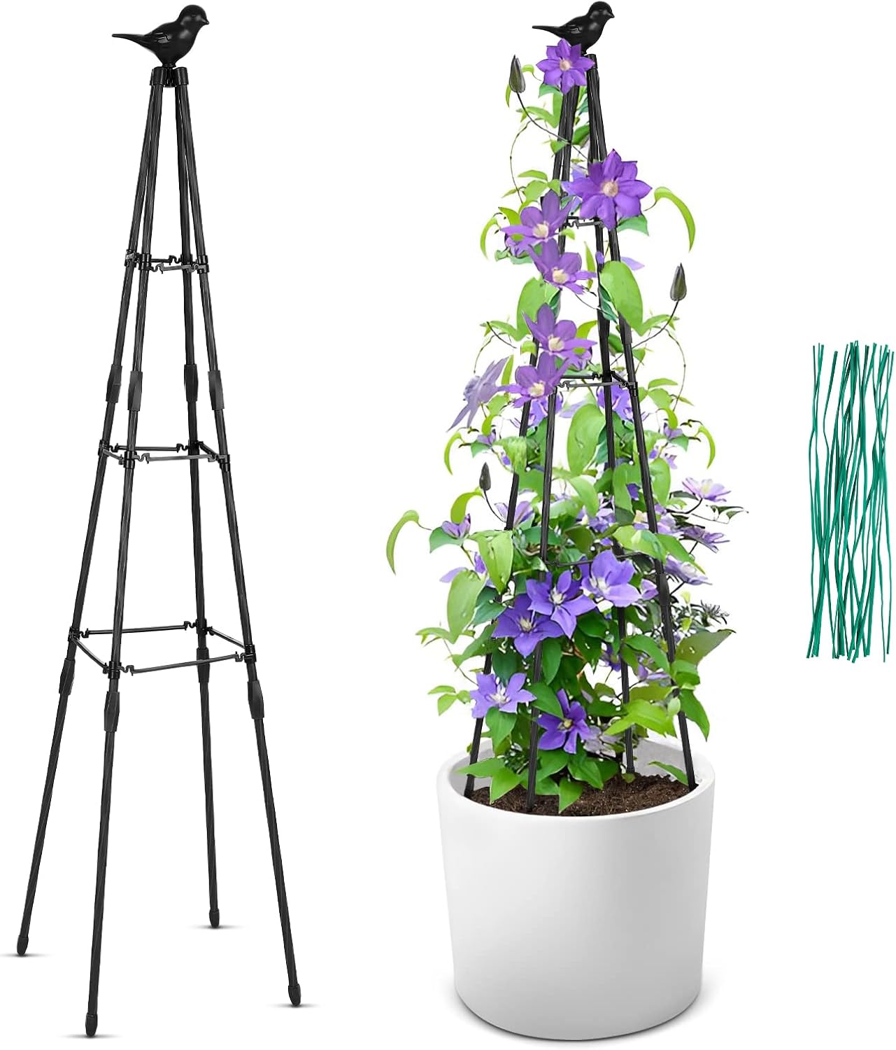 47 Inches Garden Obelisk Trellis for Climbing Plants Outdoor, Plant Trellis for Potted Plants Indoor, 3-Tier Plant Support with 20 Pcs Cable Ties, Vines & Flowers, Tomato Cage Tower, Black