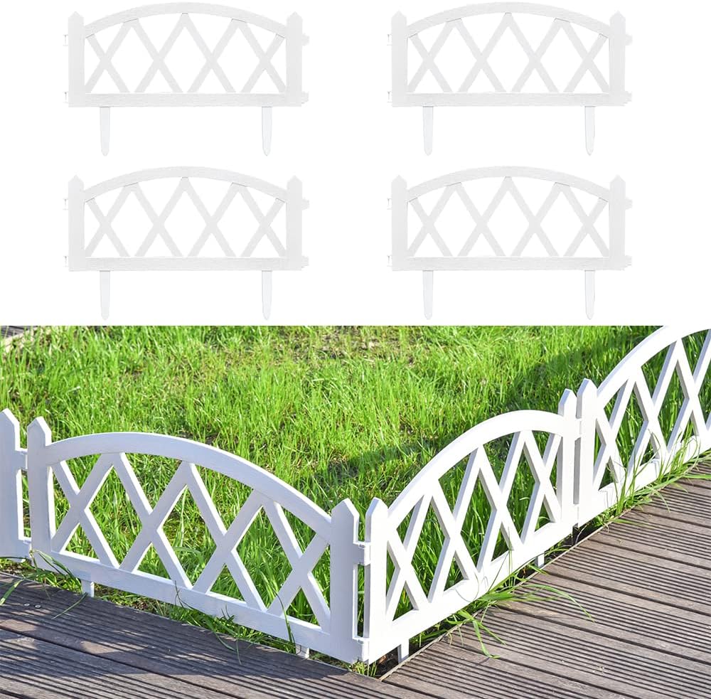 Plastic Garden Picket Fence, Grass Lawn Flower Beds Landscaping Edging Borders, Lightweight Outdoor Path Fence Panels, Pack of 4 (Overall Length 94.5 Inch)