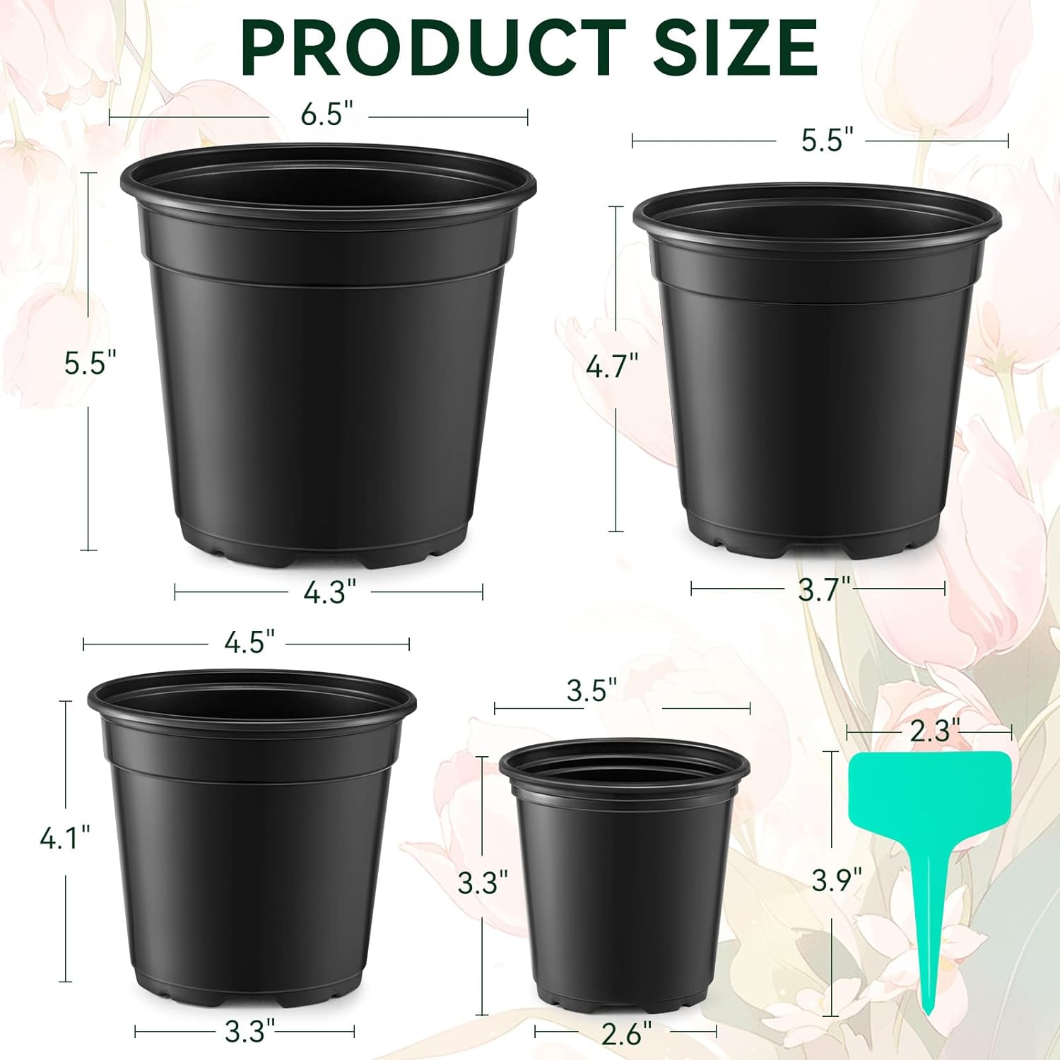 Nursery Pots with Drainage Holes Pack of 48 Pots 3.5/4.5/5.5/6.5 Inch and Plant Label Flexible Seedling Pots Seed Starting Planter for Indoor Outdoor Flowers, Succulents, Cactus