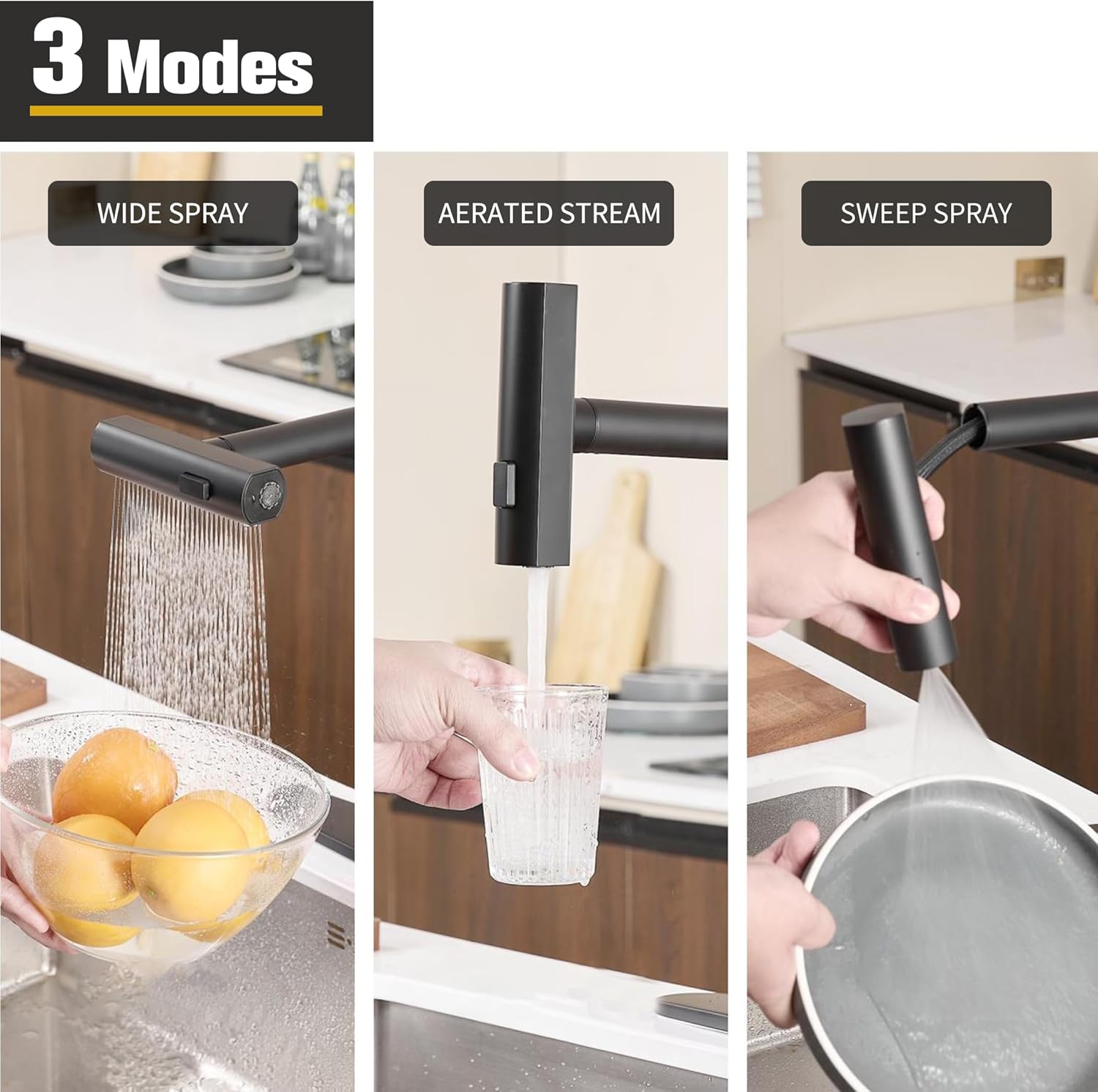3 Modes(Sweep/Stream/Waterfall) Rotary Switch Stainless Steel Commercial Modern Faucet