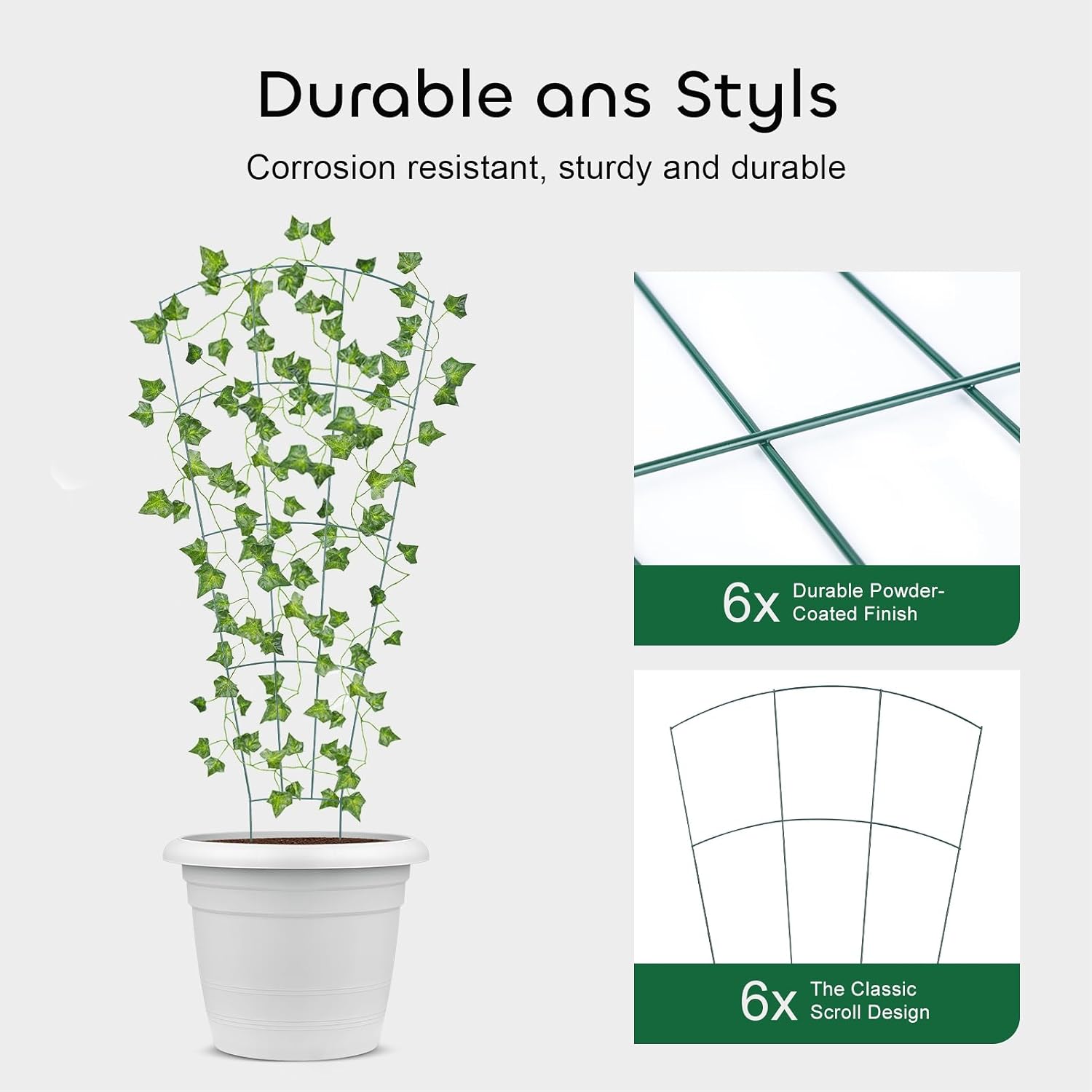 6 Pcs 43" Garden Trellis for Potted Plants, Metal Trellis for Climbing Plants Outdoor & Indoor, Fan Shape Plant Support with 20 Pcs Cable Ties for Houseplant Flower Vines Ivy, Green