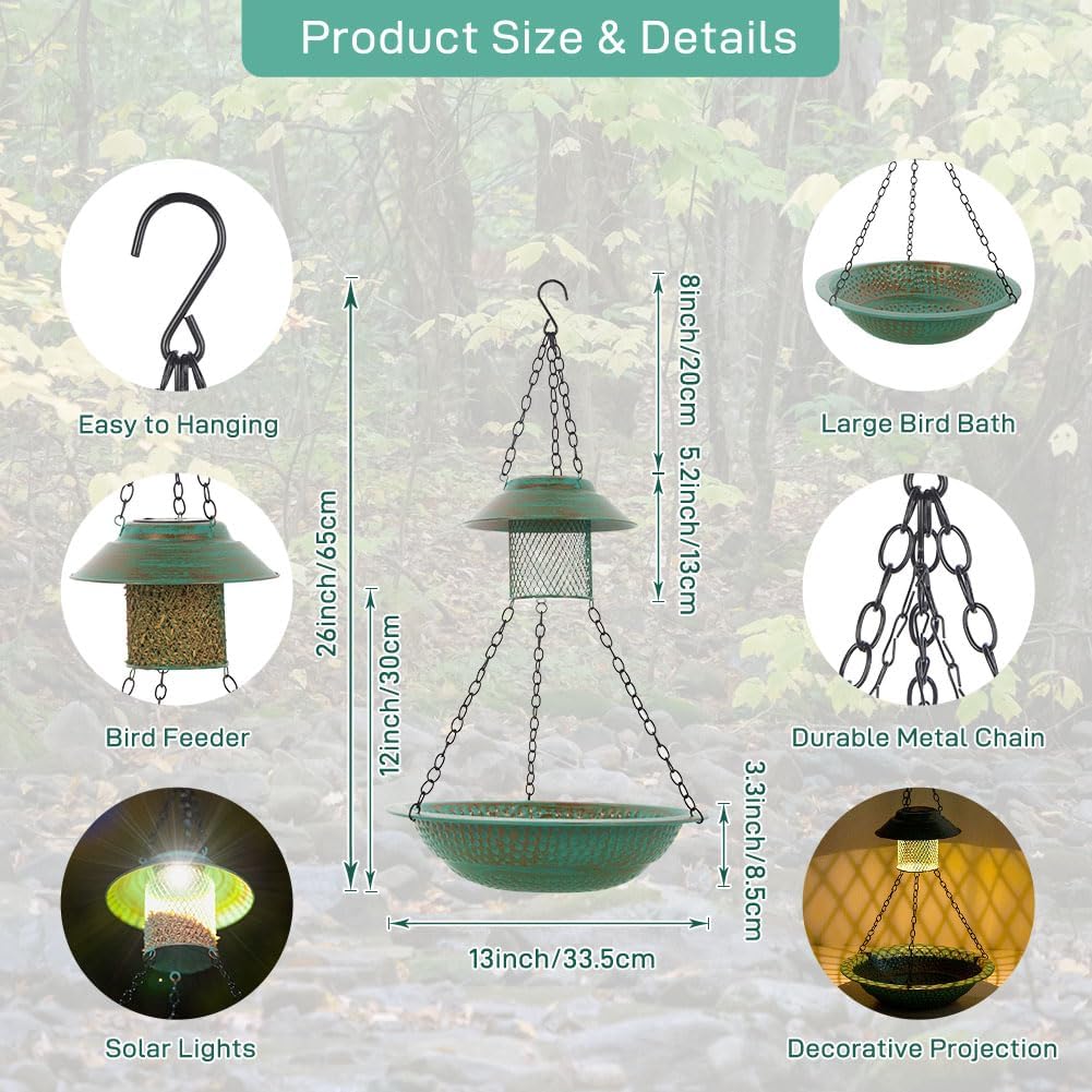 Hanging Bird Bath with Solar Lights, 13" Metal Bird Baths Outdoor, Garden Birdbath and Feeder for Outside Yard Patio Decor (Green)