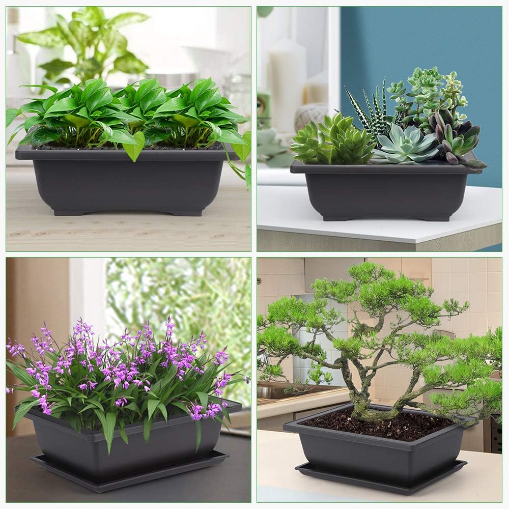 6 Pack 9 Inch Bonsai Training Pots with Drainage Humidity Trays, Bonsai Tree Pots with 1 Repotting Mat, Bonsai Container Planter Growing Pot for Garden, Yard, Balcony, Office, Living Room