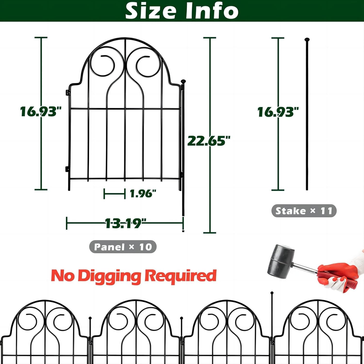 Decorative Garden Fence, 10 Panels No Dig Metal Fencing 10.83ft(L) × 22in(H) Animal Barrier Border