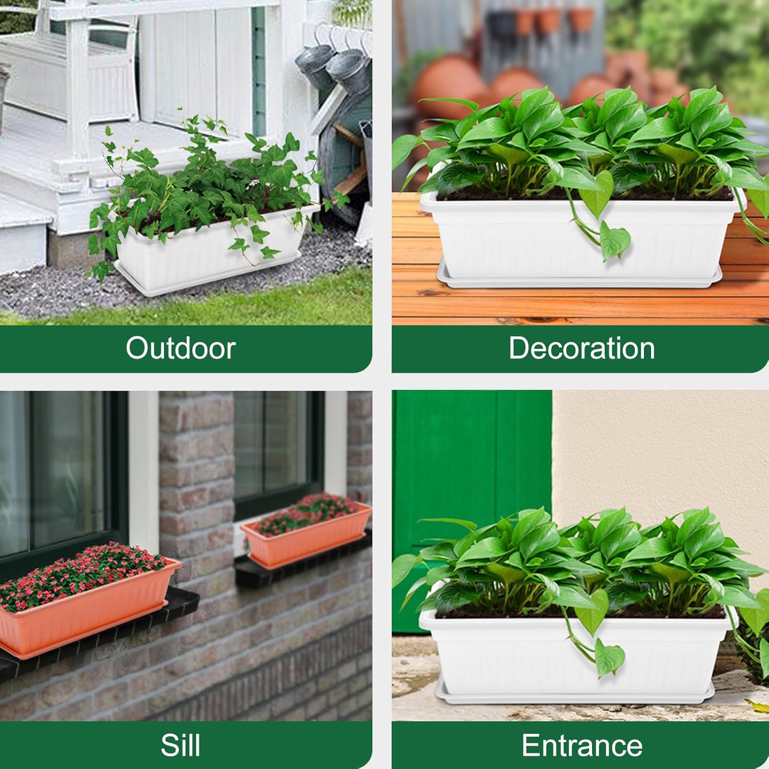 3 Packs 17 Inches White Flower Window Box Plastic Vegetable Planters Long Pots with 15 Pcs Plant Labels for Outdoor Indoor Windowsill, Patio, Garden, Home Decor, Porch
