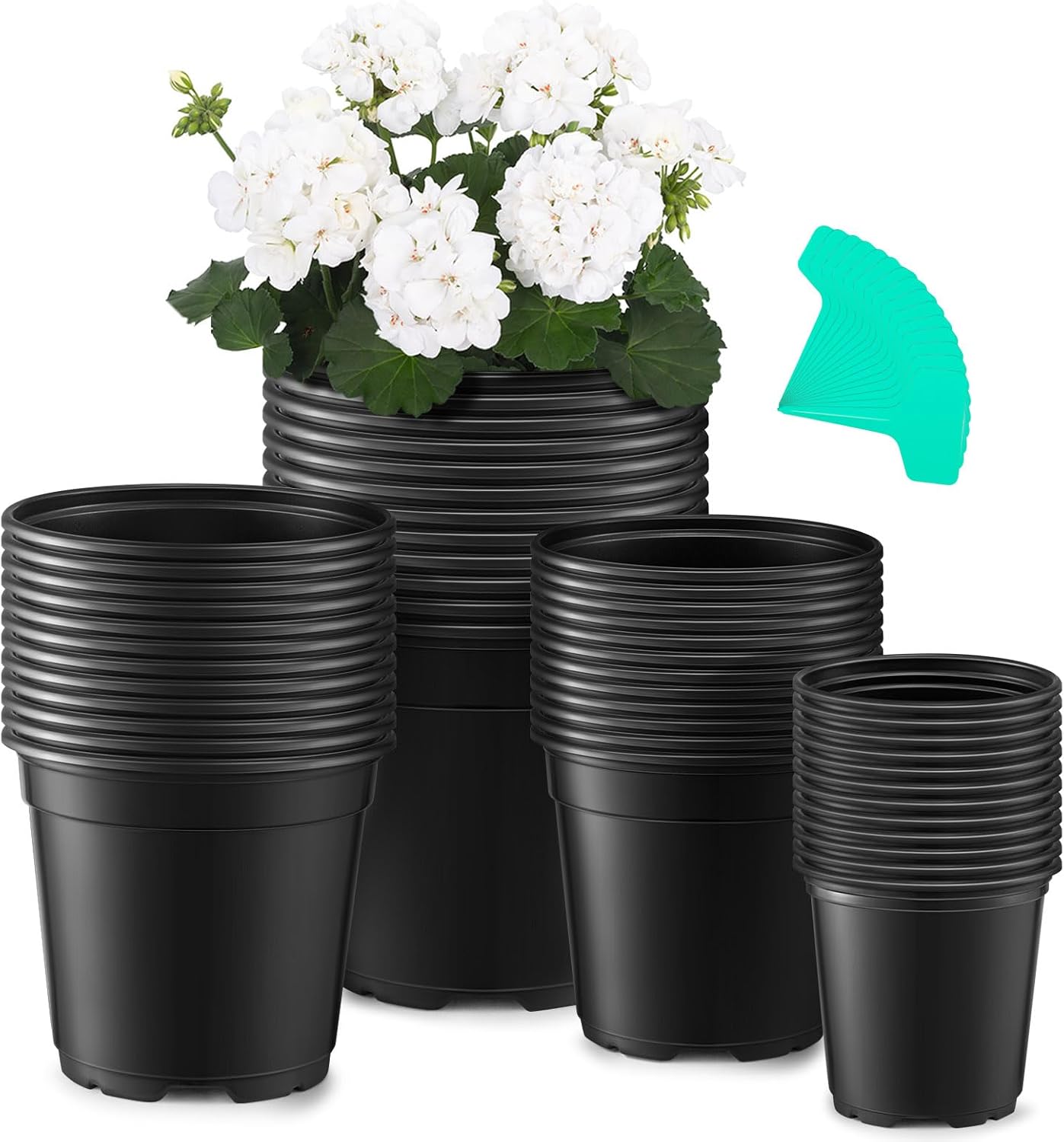 Nursery Pots with Drainage Holes Pack of 48 Pots 3.5/4.5/5.5/6.5 Inch and Plant Label Flexible Seedling Pots Seed Starting Planter for Indoor Outdoor Flowers, Succulents, Cactus