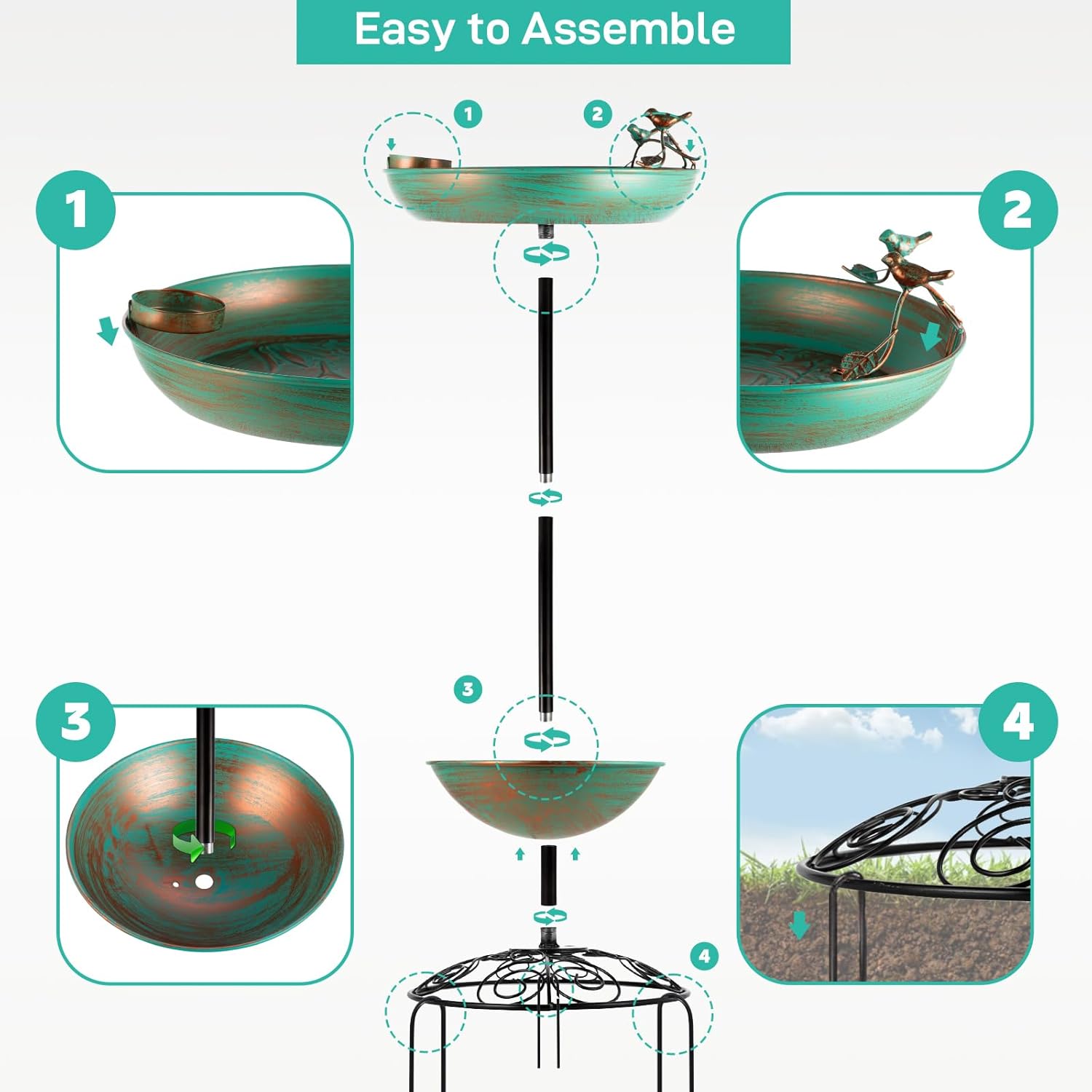 Metal Bird Baths for Outdoors, Pedestal Green Bird Bath with Flower Planter, BirdBaths for Outdoors Garden Yard Patio Decor