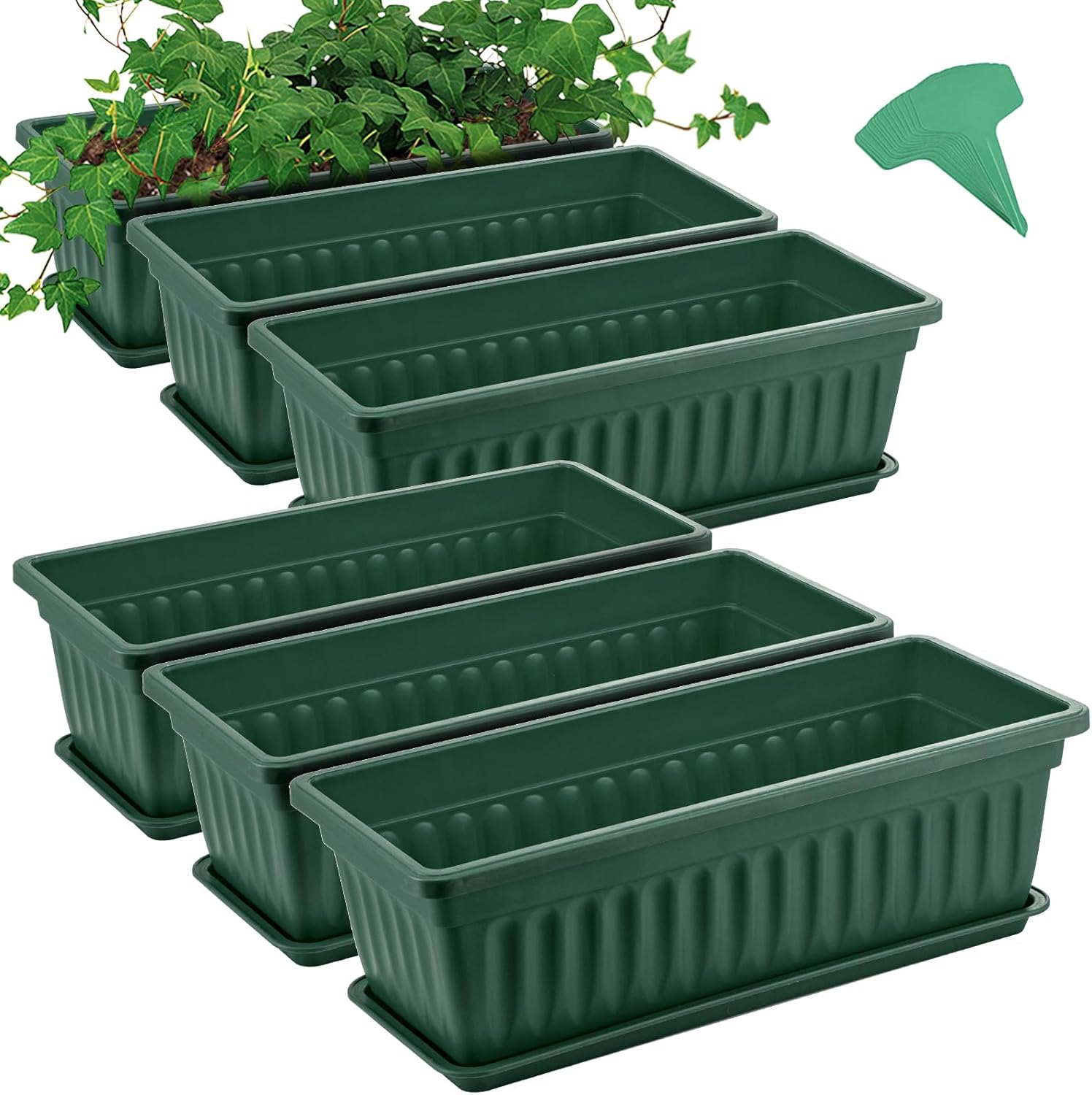 6 Packs 17 Inches Green Flower Window Box Plastic Vegetable Planters Long Pots with 15 Pcs Plant Labels for Outdoor Indoor Windowsill, Patio, Garden, Home Decor, Porch