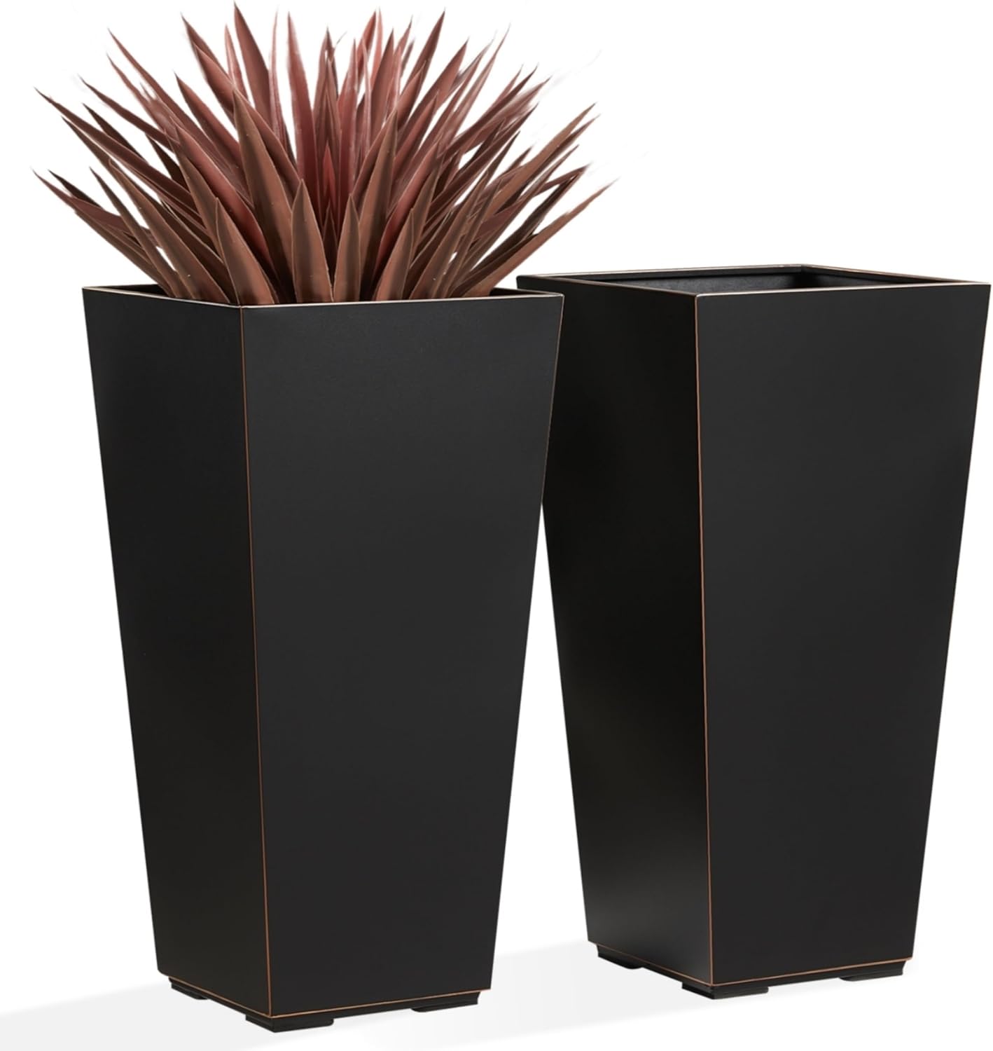 Metallic Taper Planter, 26 Inch Planter Tall Tapered Planter for Front Porch, Patio, Deck, Garden Indoor/Outdoor Tree Planters, Set of 2 Black with Copper Hand Brushed Rim