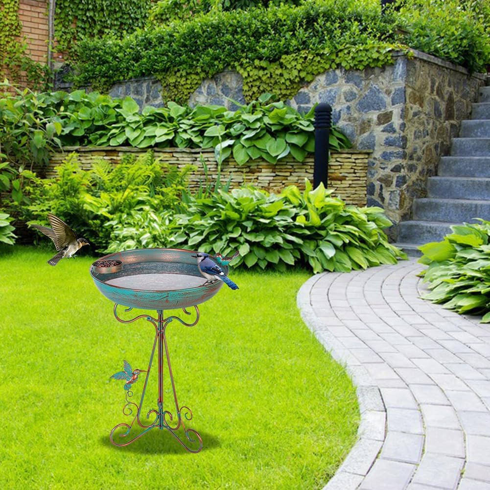 Bird Bath 12" Dia Bowl, Metal Birdbath with Feeder, Pedestal Bird Baths for Outside Outdoors Garden Patio Yard (Bronze)