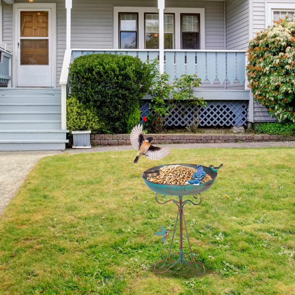 Bird Bath 12" Dia Bowl, Metal Birdbath with Feeder, Pedestal Bird Baths for Outside Outdoors Garden Patio Yard (Bronze)