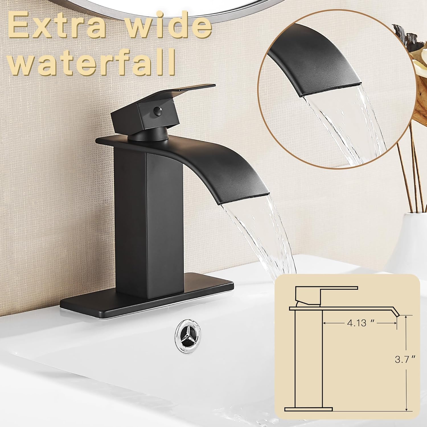  Black Waterfall Bathroom Faucet Lavatory Single Handle 1 or 3 Hole