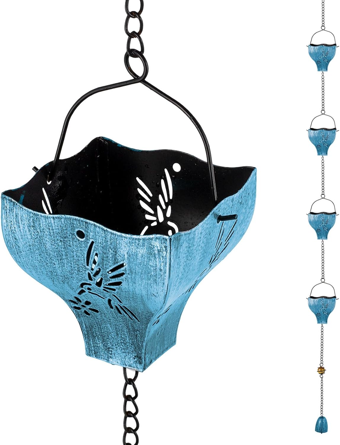 Rain Chains for Outside, 9.41FT with 8 Hollow Hummingbird Pattern Cups Rain Catcher Chains, Outdoor Rain Gutter Chains for Downspout, Eaves Drainage