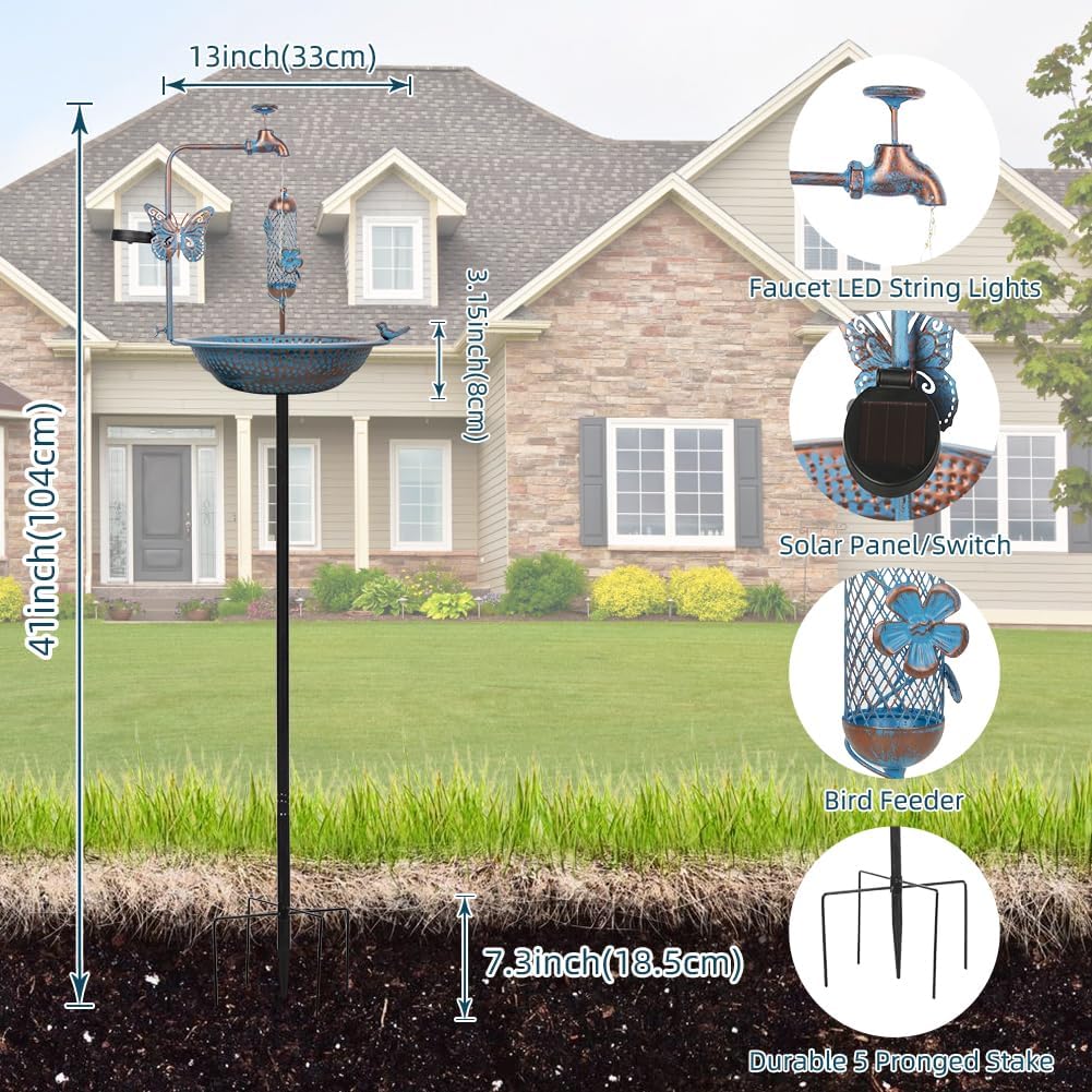 Bird Bath for Outside, 3" Deep Bird Bath and Feeder Combo, Tall Metal Standing Bird Baths, Antique Blue Faucet Solar String Light Birdbaths for Outdoors Garden Yard Lawn Decorations