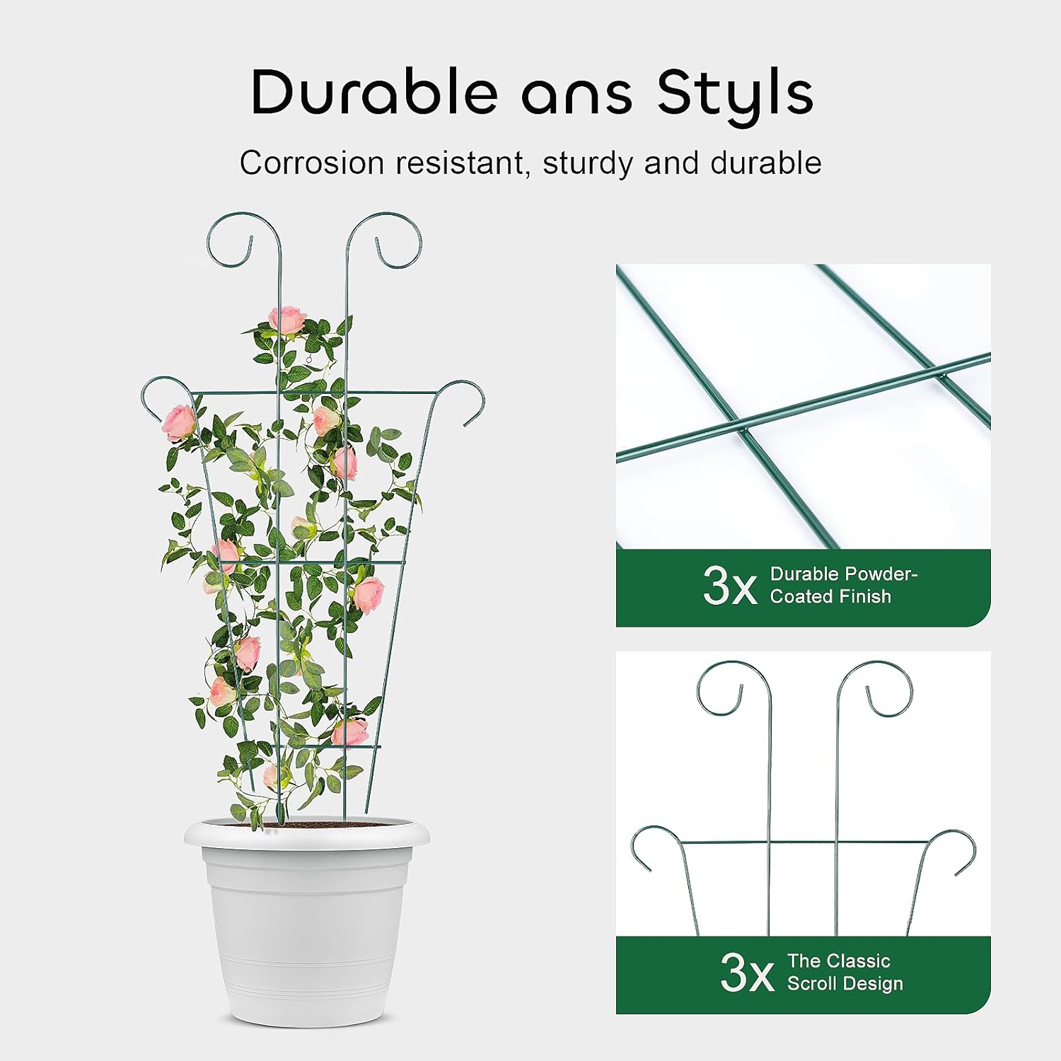 Garden Trellis 3 Pcs 43" for Potted Plants, Metal Trellis for Climbing Plants Outdoor & Indoor, Wave Shape Plant Support with 20 Pcs Cable Ties for Houseplant Flower Vines Ivy