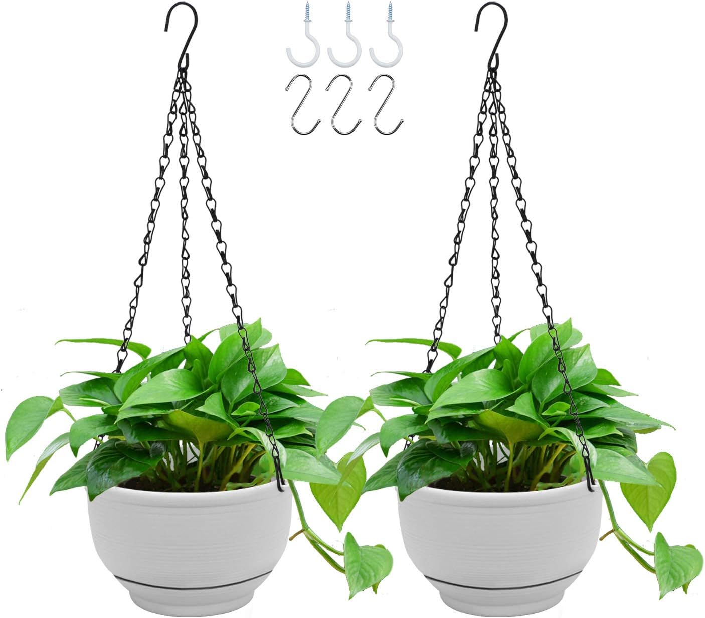 Plastic Hanging Planter 2 Packs 8 Inch Self Watering Pots Plants Hanger Baskets with 6 Pcs Hooks, Hanging Flower Pot with Detachable Base for Garden Indoor Outdoor (Grey)