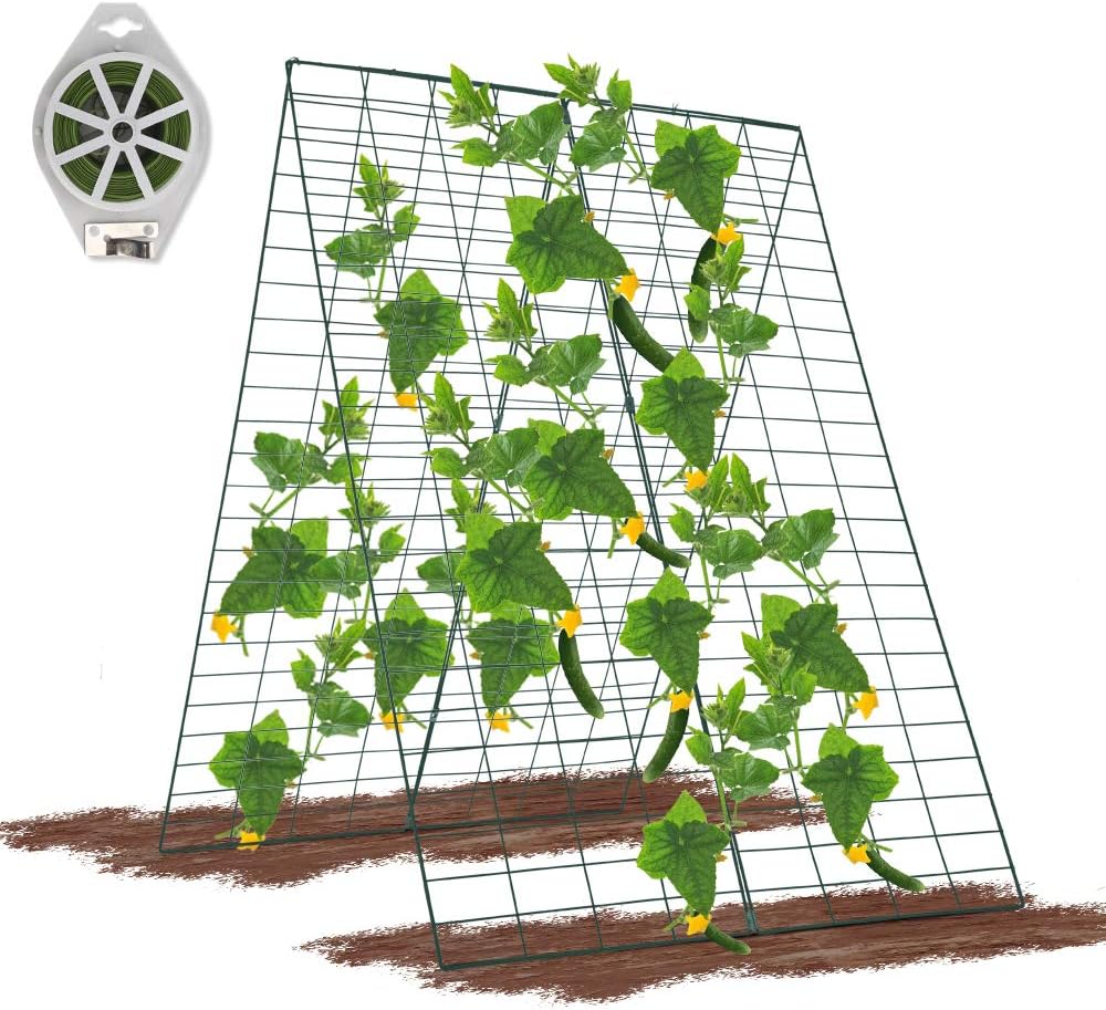 34 x 48 Inches Foldable Cucumber Trellis A-Frame Garden Trellis with 328 Feet Twist Ties, for Cucumber, Climbing Plants Vegetables Flowers