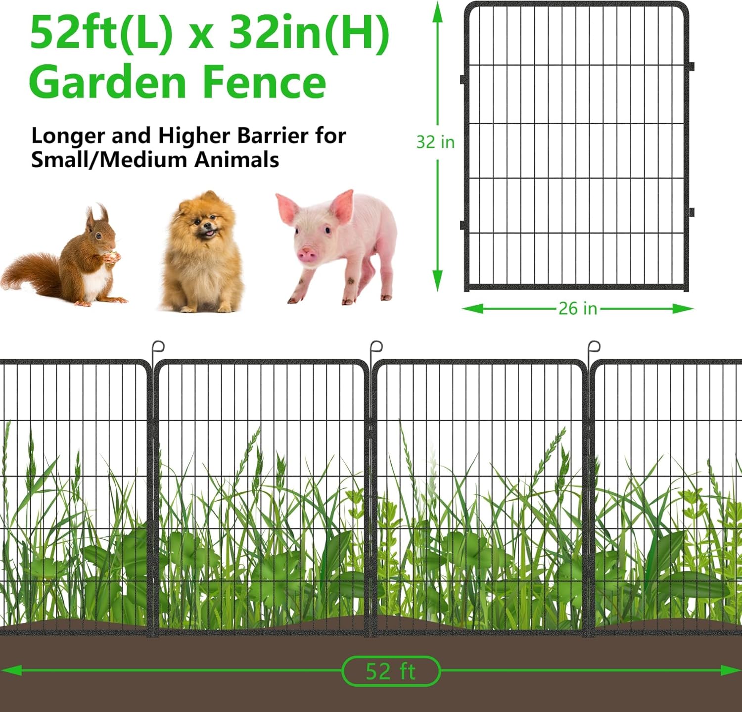 Decorative Garden Fence Metal Fence Panels No Dig Animal Barrier Fence with Gate, 32in(h) x 52ft(l) Garden Edging Fence
