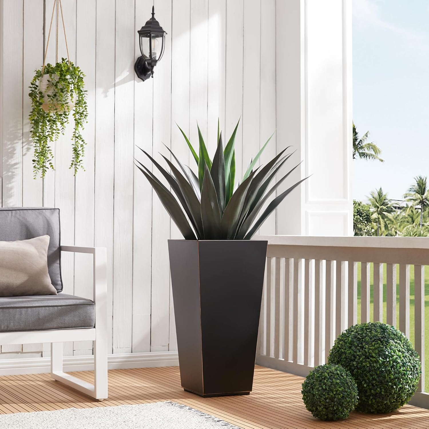 Metallic Taper Planter, 26 Inch Planter Tall Tapered Planter for Front Porch, Patio, Deck, Garden Indoor/Outdoor Tree Planters, Set of 2 Black with Copper Hand Brushed Rim