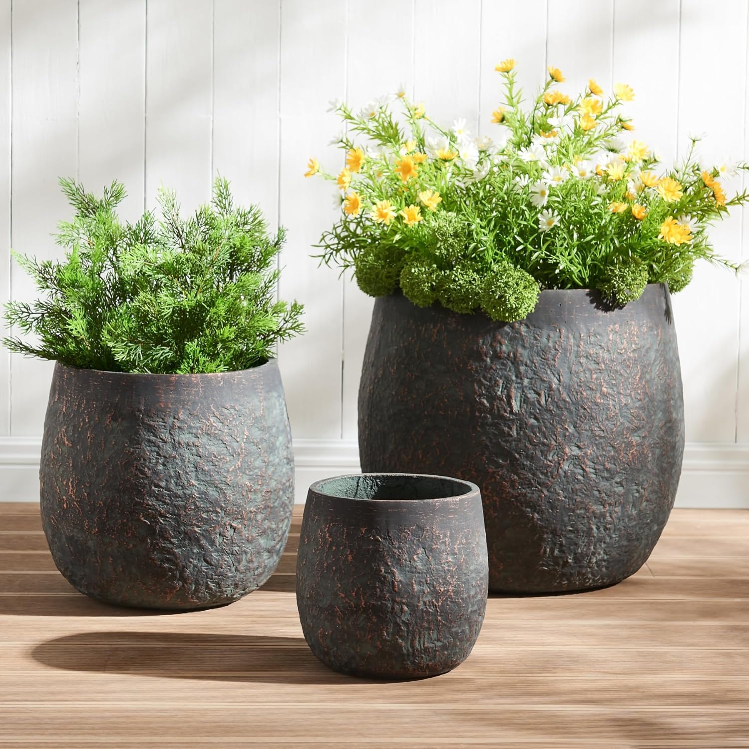 Large Outdoor Planter, 17.7"+13"+9.1" Dia Round Weathered Concrete Planter Set of 3, Flower Pots with Drainage Holes and Sealing Plug for Garden