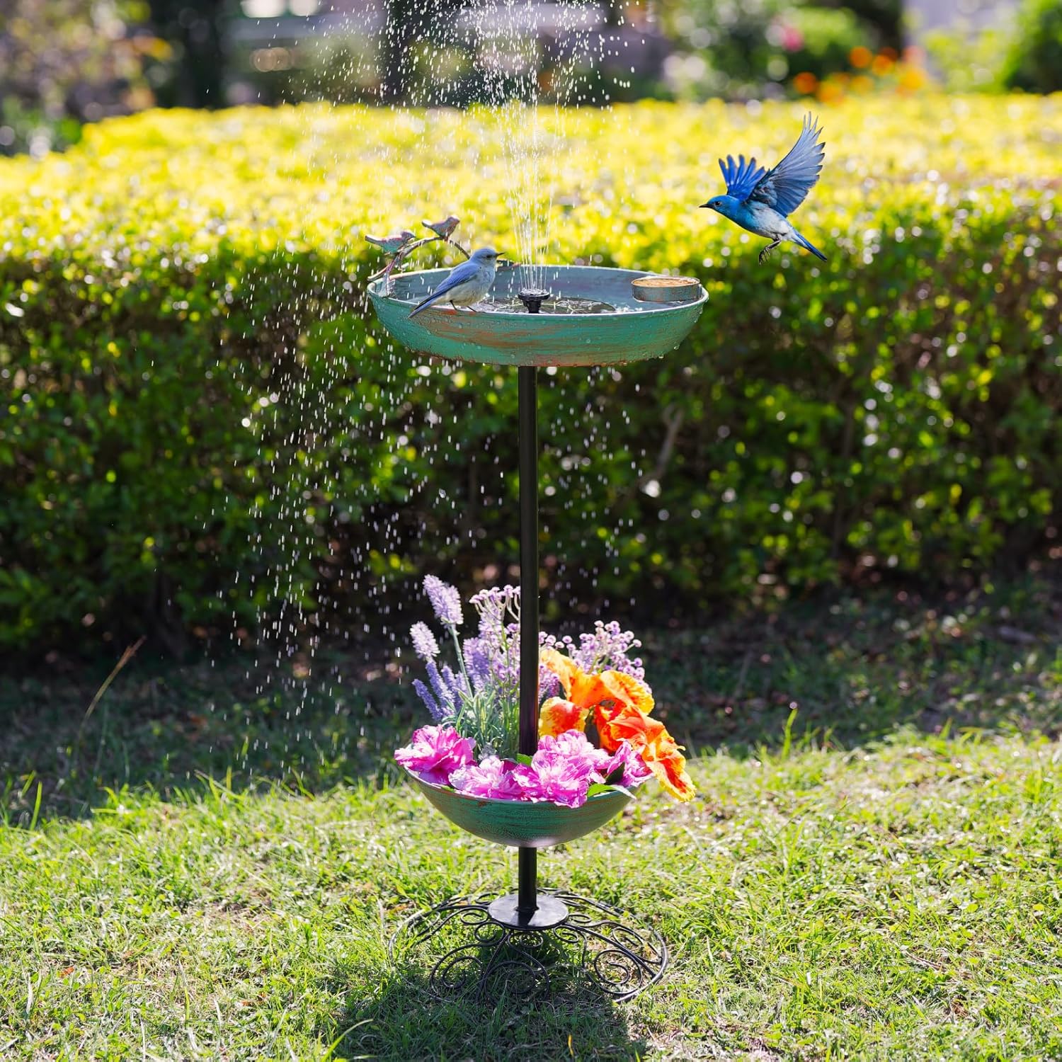 Metal Bird Baths for Outdoors, Pedestal Green Bird Bath with Flower Planter, BirdBaths for Outdoors Garden Yard Patio Decor