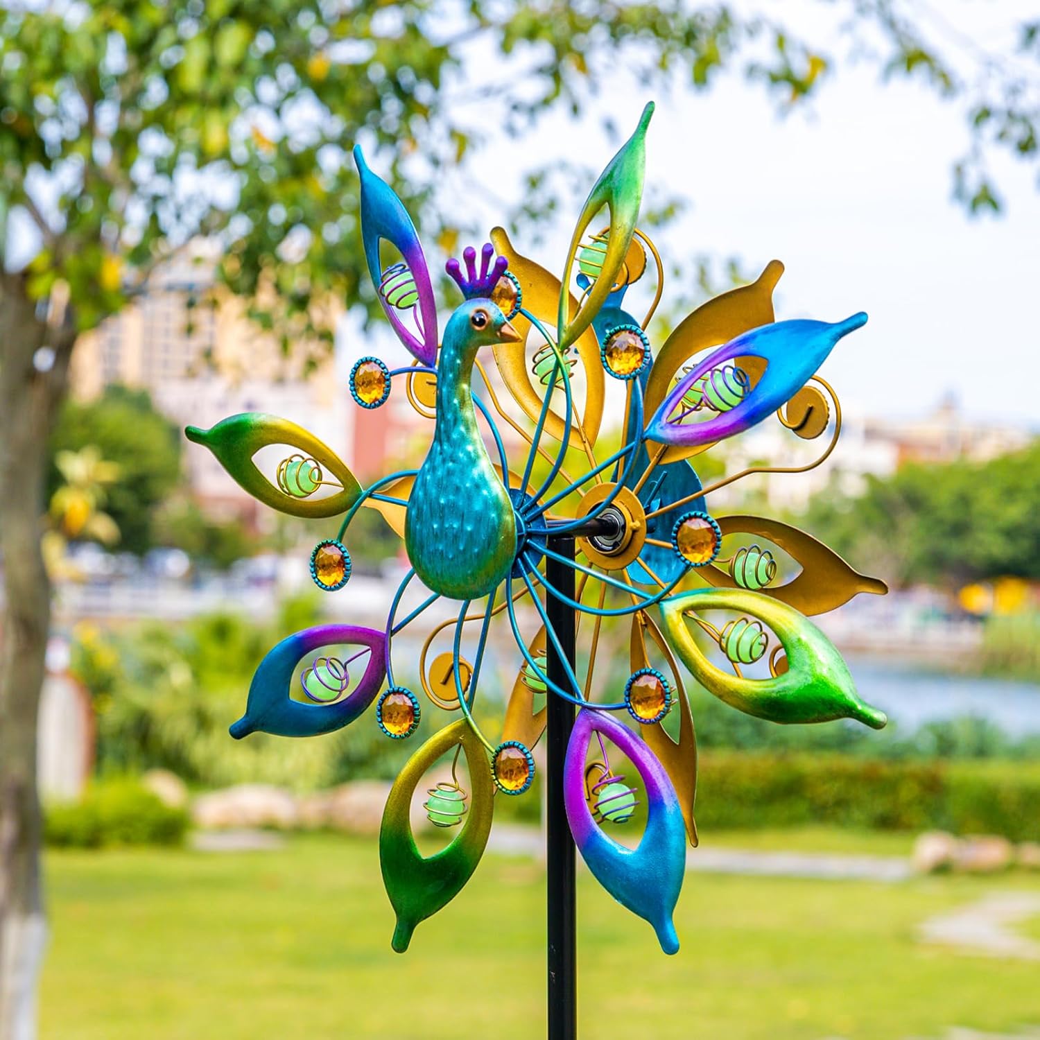 Outdoor Peacock Wind Spinners with Gem Decor, 13" D*65" H Double Sided Kinetic Wind Sculptures & Spinners, Metal Wind Spinners for Yard and Garden