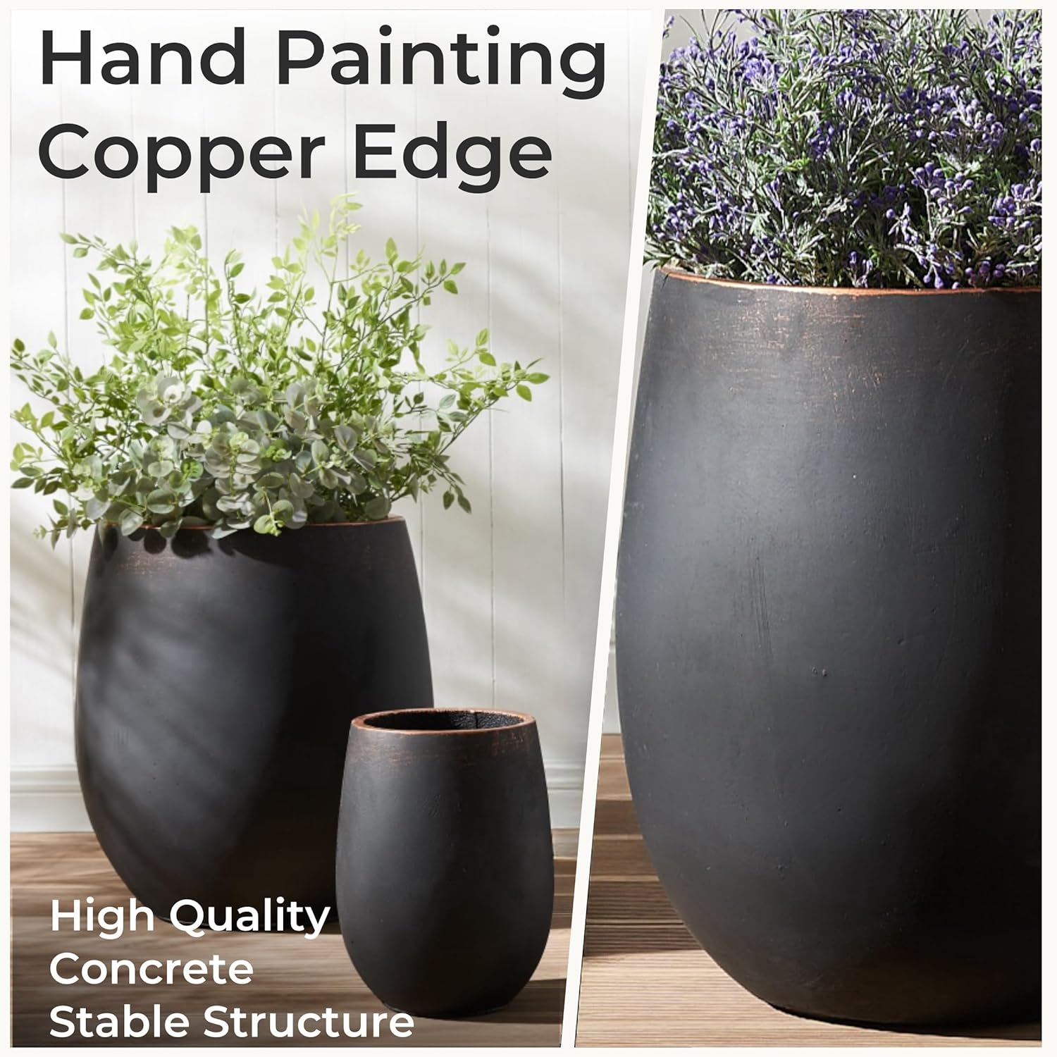 17.7"+13.3"+9.5" Dia Round Concrete Planter Set of 3, Large Outdoor Planter, Black with Gold Rim, Flower Pots with Drainage Holes