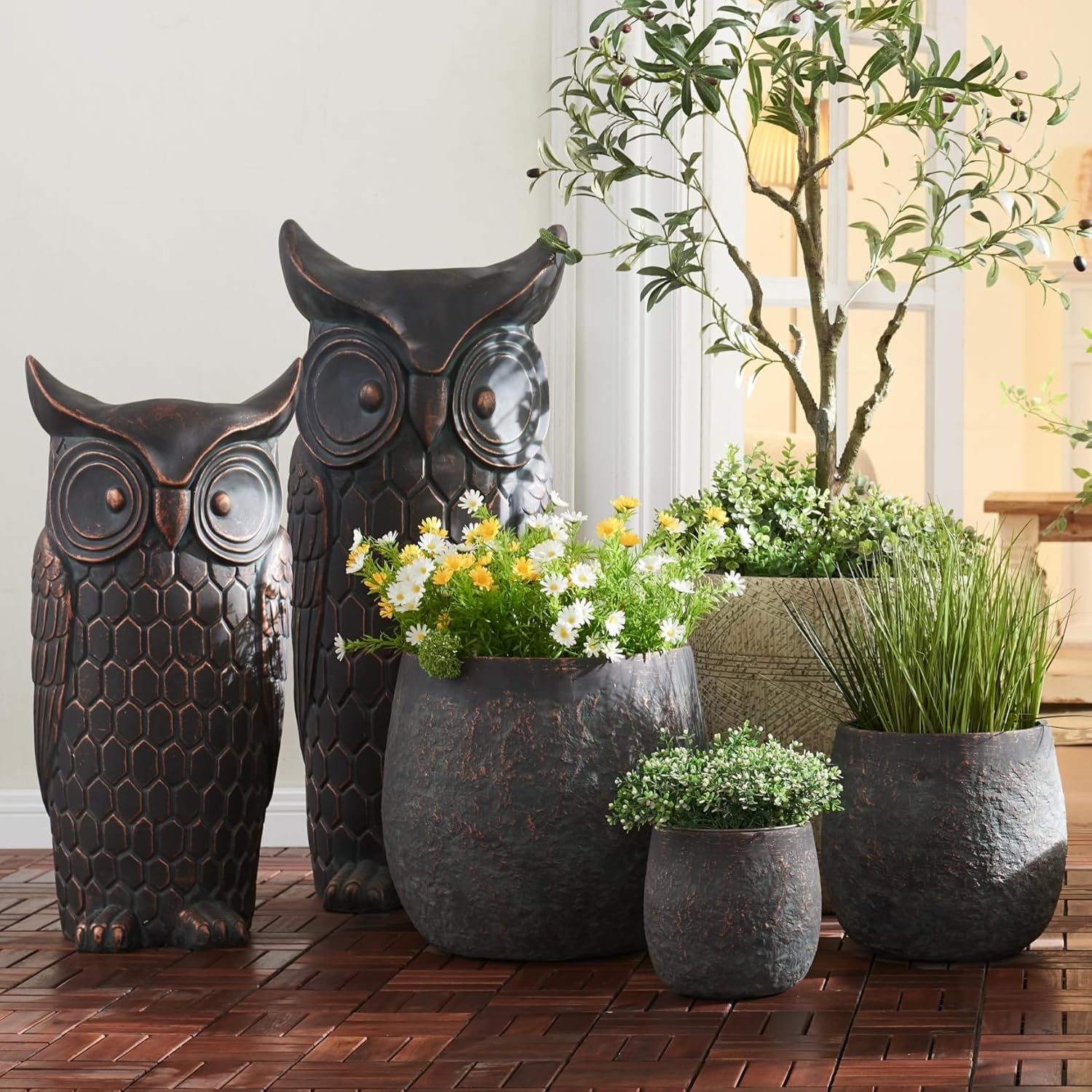 Large Outdoor Planter, 17.7"+13"+9.1" Dia Round Weathered Concrete Planter Set of 3, Flower Pots with Drainage Holes and Sealing Plug for Garden