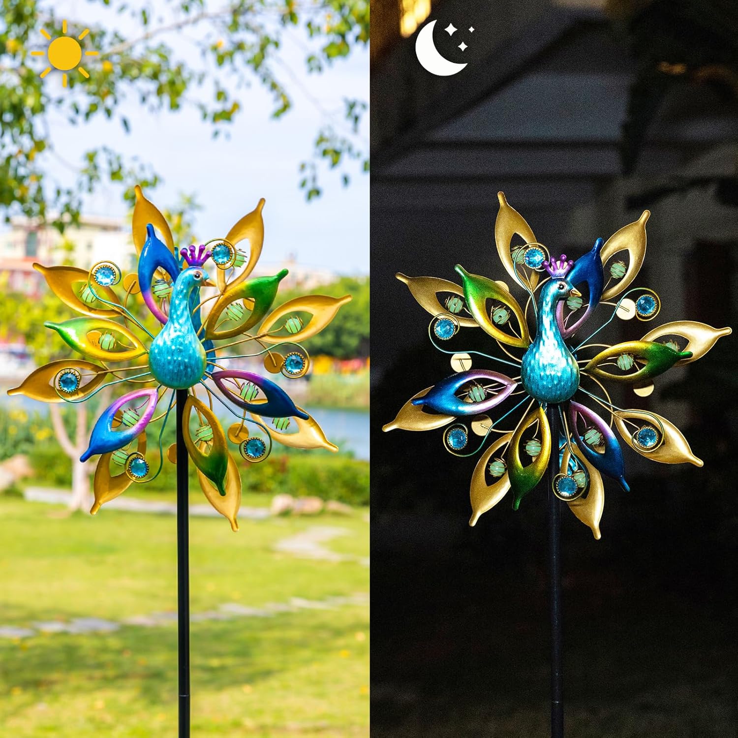 Outdoor Peacock Wind Spinners with Gem Decor, 13" D*65" H Double Sided Kinetic Wind Sculptures & Spinners, Metal Wind Spinners for Yard and Garden